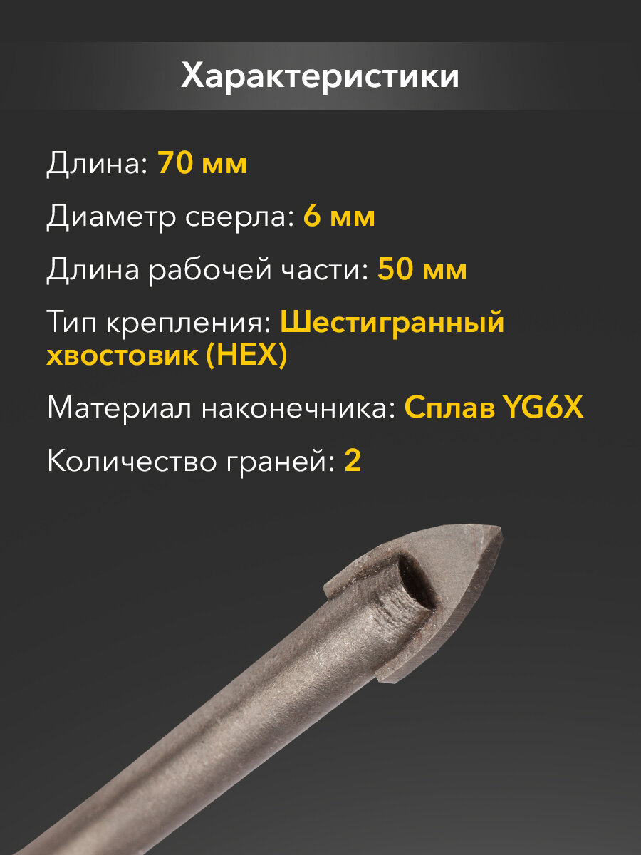 Сверло повышенной прочности KRANZ копьевидное по стеклу и керамике 6 мм с шестигранным хвостовиком — фото 1