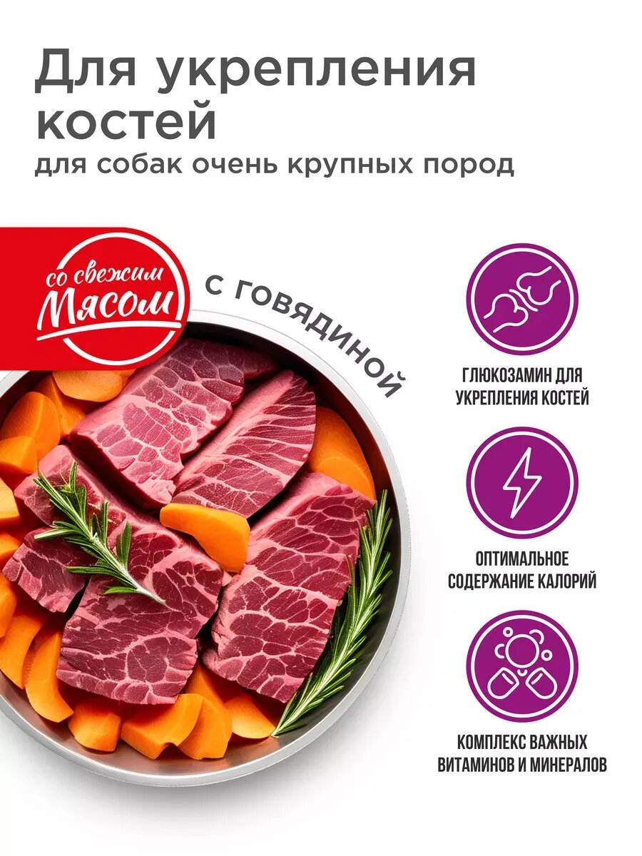 Корм сухой для взрослых собак очень крупных пород, премиум полнорационный комплекс, для укрепления костей у собак, с говядиной, 12 кг, QUATTRO — фото 1