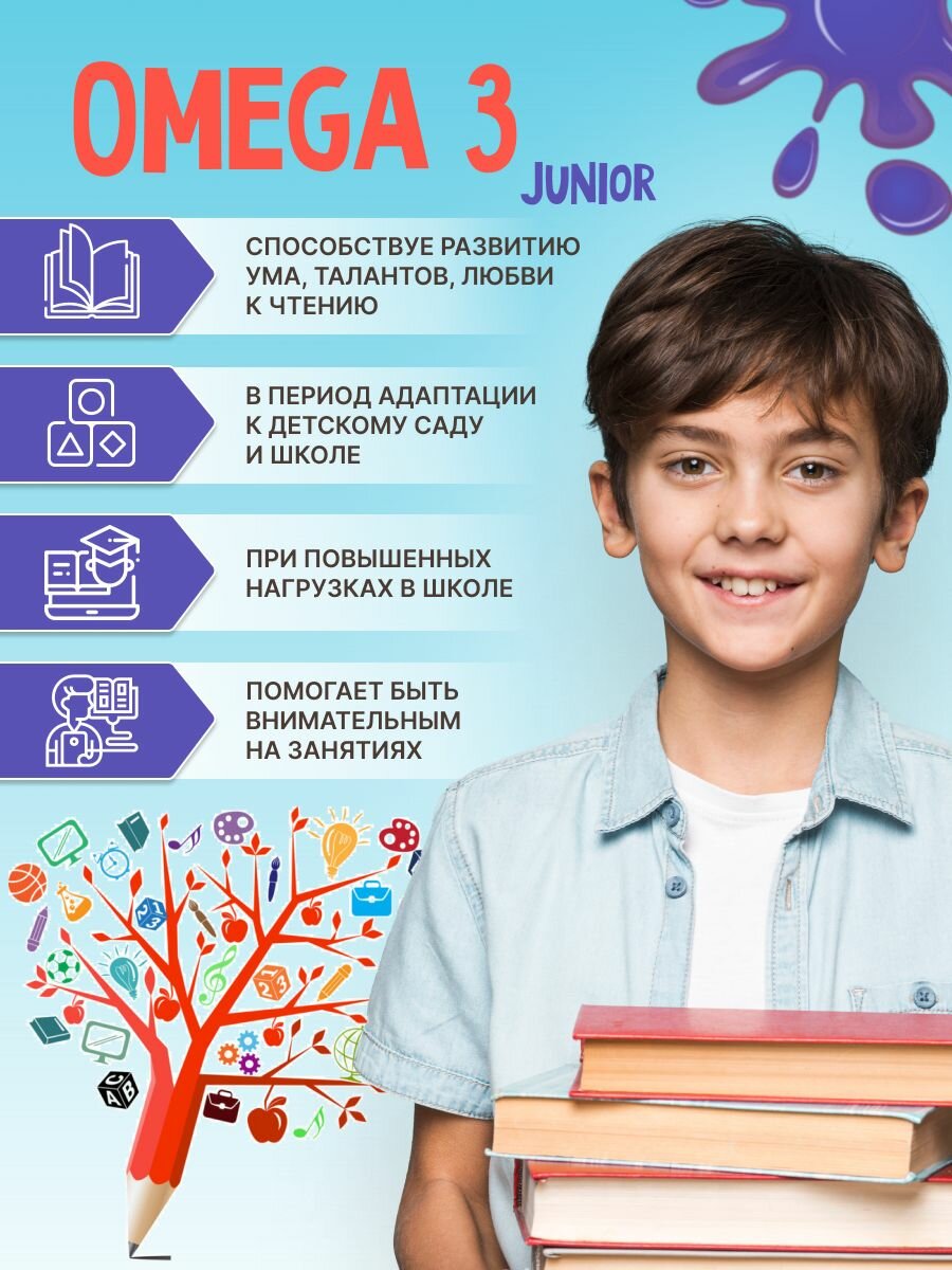 Омега 3 для детей с витамином Е 60 капсул Omega Junior рыбий жир — фото 1