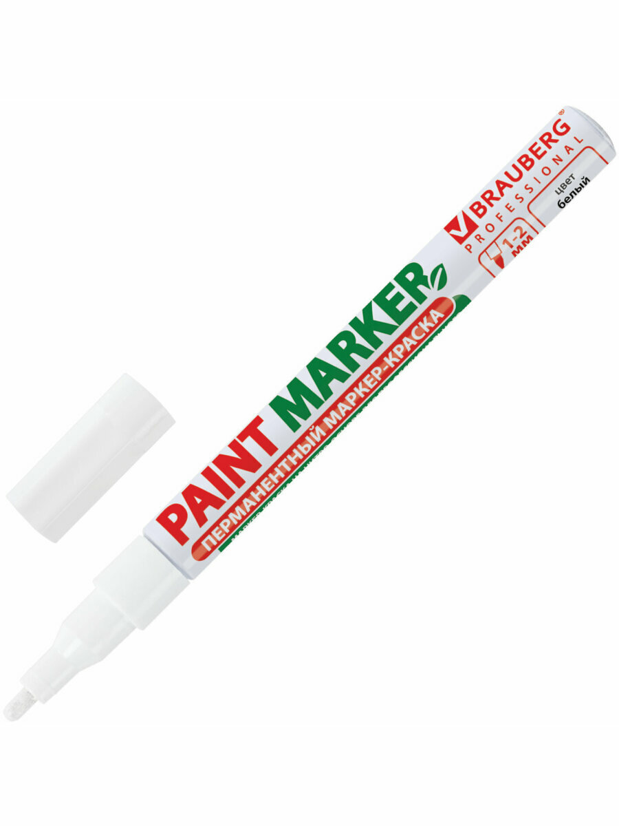 Маркер краска лаковый paint marker 2 мм строительный белый, фломастер, без запаха, алюминиевый корпус, Brauberg Professional, 150869 — фото 1