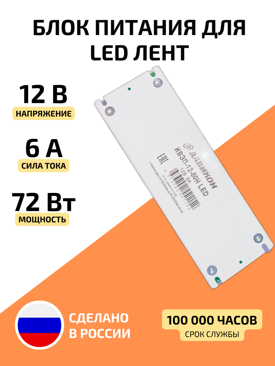 Блок питания для светодиодной ленты LED 72 Вт 12 В, IP20, белый, металлический корпус
