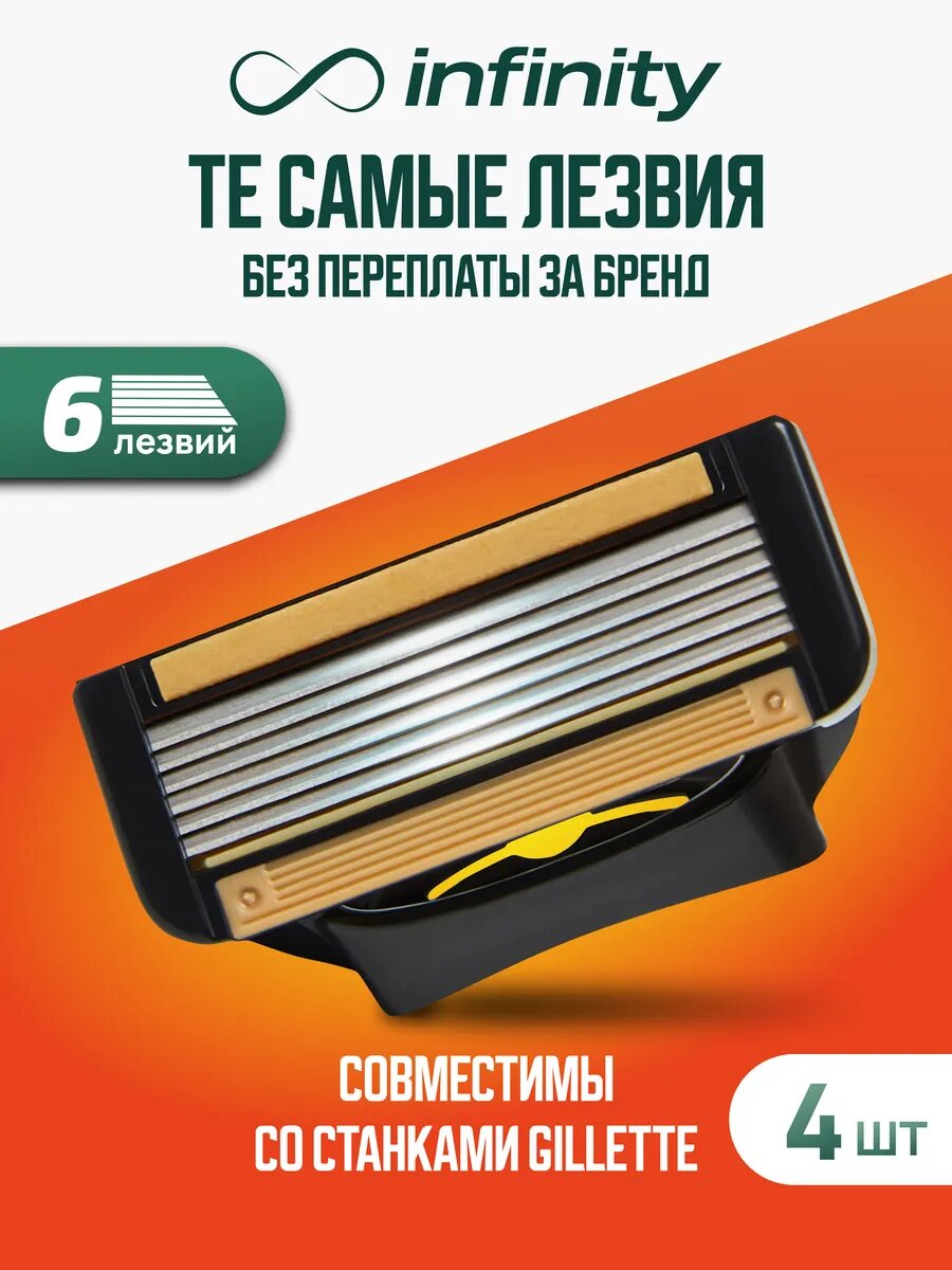 Кассеты INFINITY 4 шт, совместимы с GILLETTE Fusion, 6 лезвий