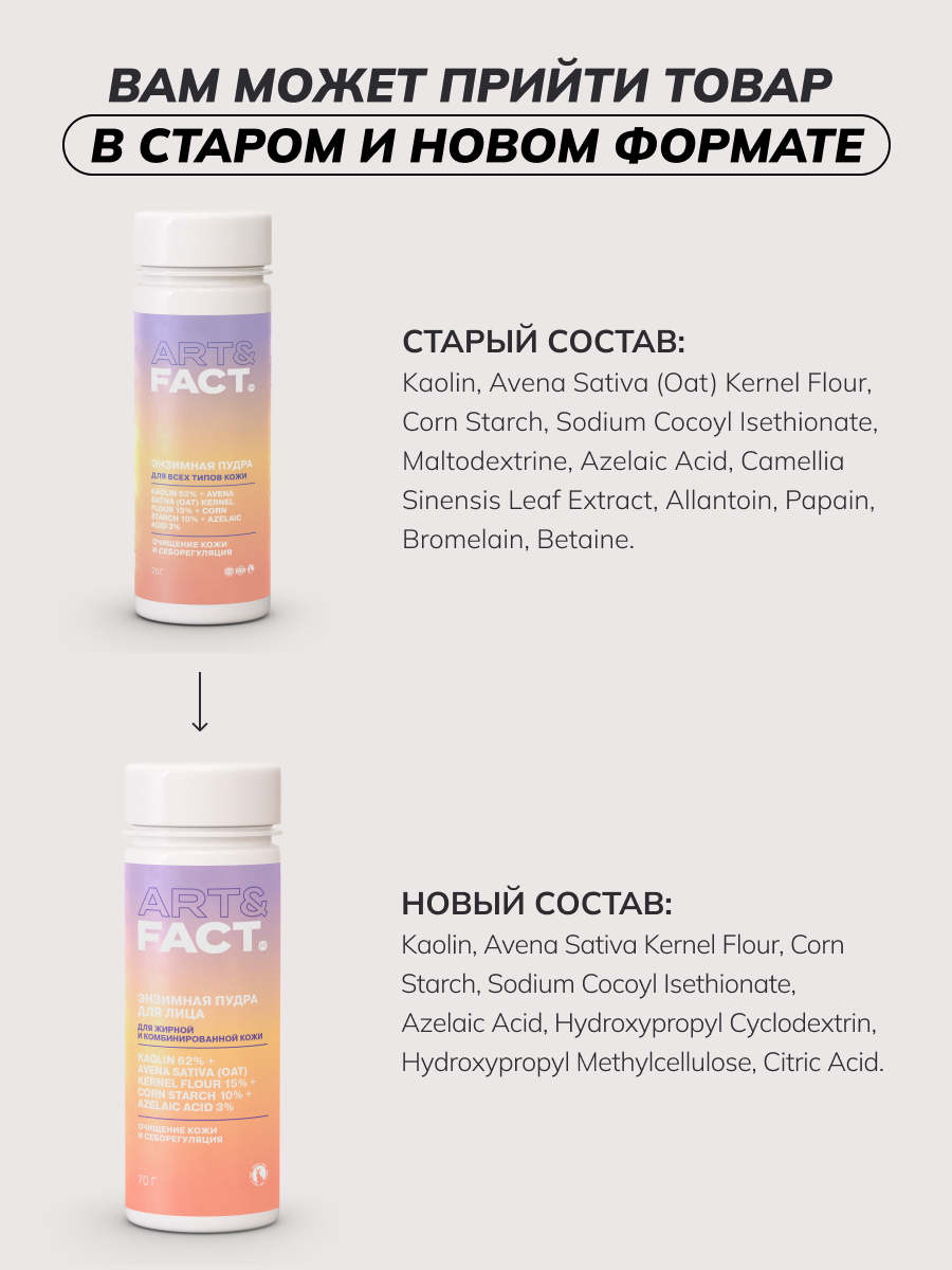 ART&FACT. / Энзимная пудра для умывания с каолином 62%, овсяной мукой 15%, кукурузным крахмалом 10% и азелаиновой кислотой 3%, 70 г — фото 1