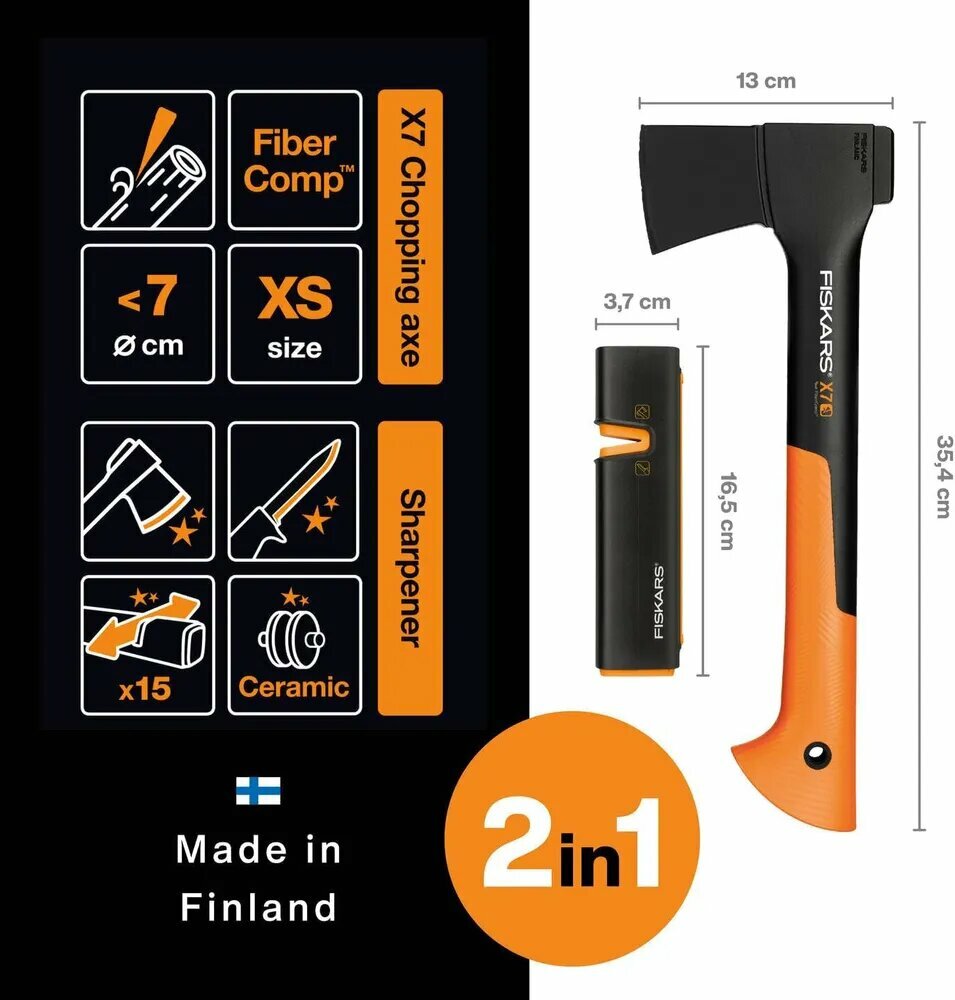 Универсальный топор для раскалывания древесины + точильный инструмент 07 кг Fiskars X7 (1020183)