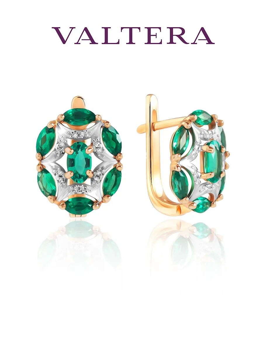 Серьги VALTERA, серебро, 925 проба, родирование, фианит, размер 12 мм, , золотистый — фото 1