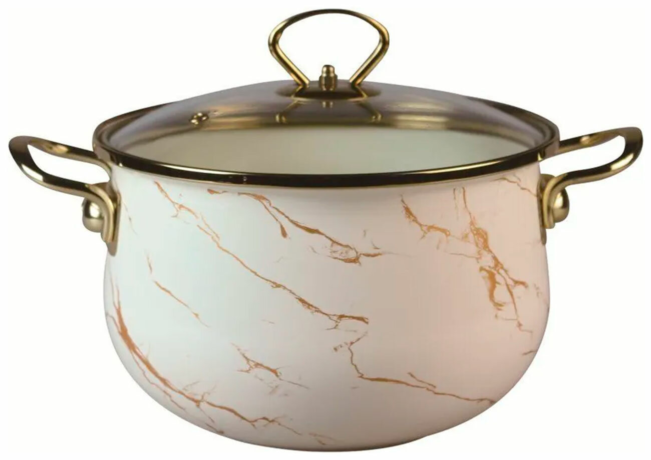 Кастрюля Marusya R-22450 5 л эмалированная со стеклом. кр. Ручка золотой цвет: кремовый мрамор