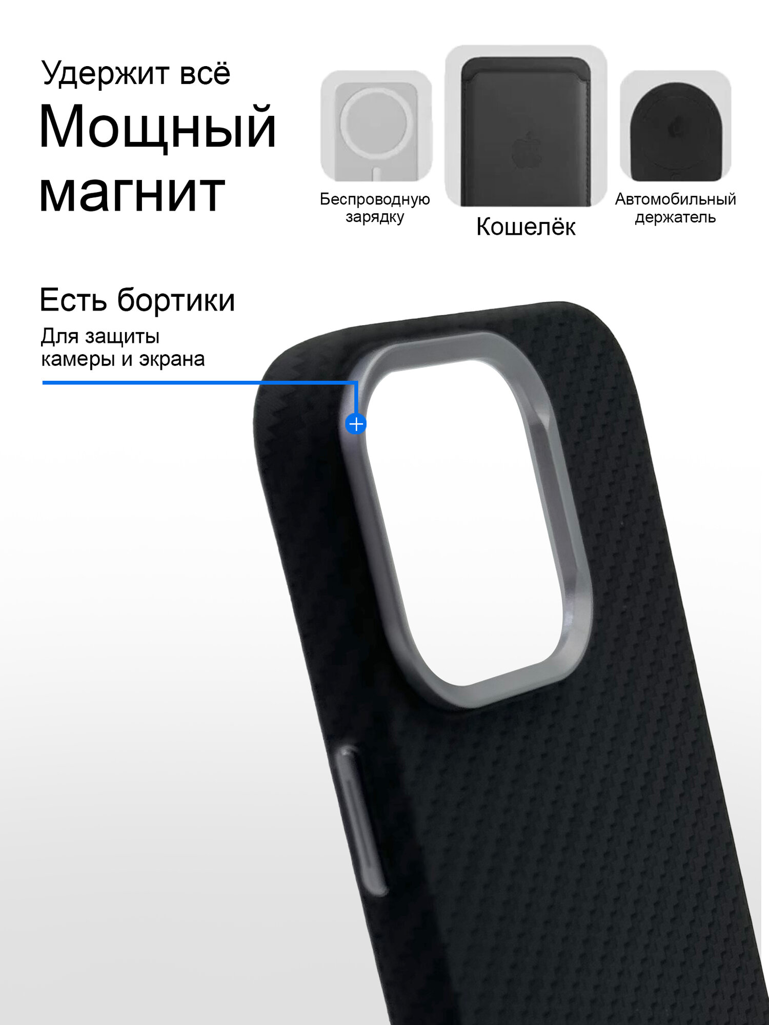 Чехол на Айфон 16 Pro, ударопрочный, карбоновый, с поддержкой беспроводной зарядки MagSafe — фото 1