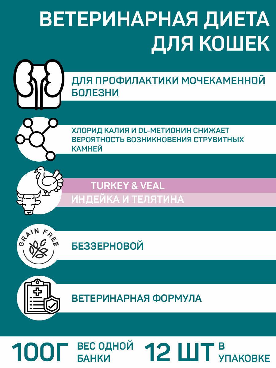 Влажный диетический корм для кошек Zoodiet Urinary Care, С индейкой и телятиной, 100 г х 12 шт — фото 1