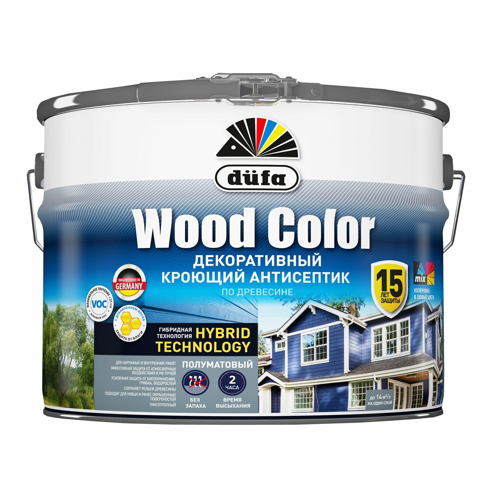 Декоративный кроющий антисептик Dufa Wood Color база 1 цвет белый 9 л — фото 1