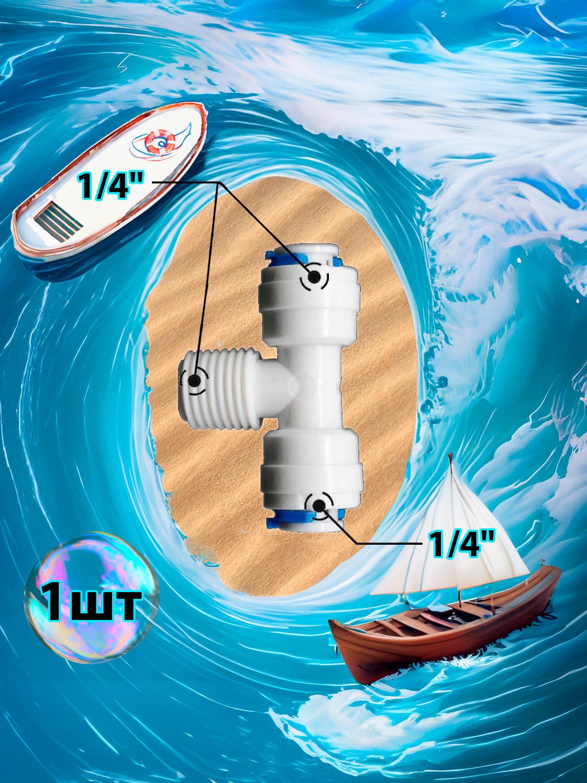 Фитинг тройник Т-образный 1/4" трубка - 1/4" трубка - 1/4" внешняя резьба (фитинги съемные для осмоса и фильтра) 1шт.