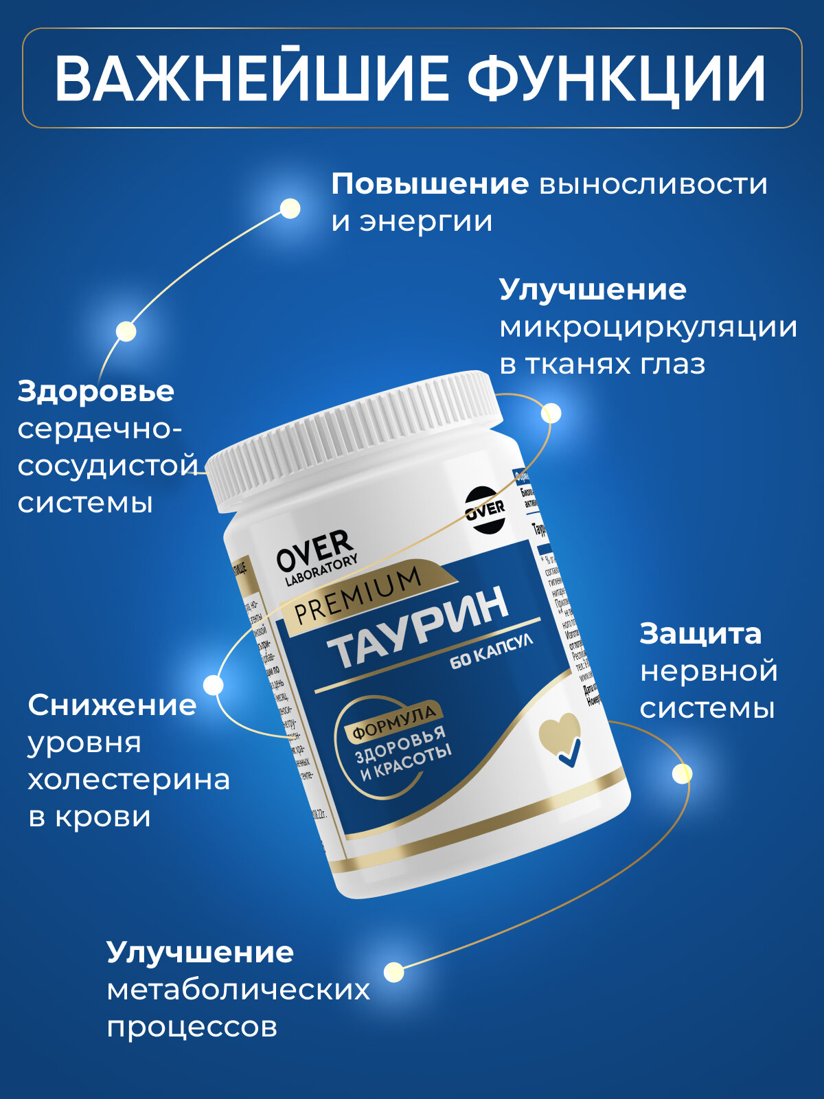 Таурин, для сердечно-сосудистой системы, для зрения, аминокислоты, для выносливости, 60 капсул — фото 1