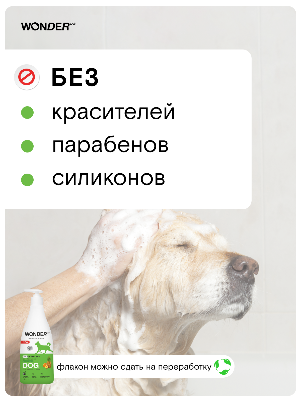 Шампунь для собак и щенков для чувствительной кожи WONDER LAB, противоаллергенный, против запаха и зуда, 550 мл — фото 1