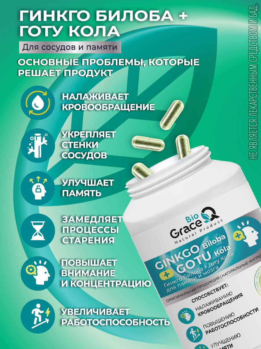 Гинкго Билоба и Готу Кола GraceBioQ для памяти, мозга, внимания, сердца, сосудов, 120 капсул. — фото 1