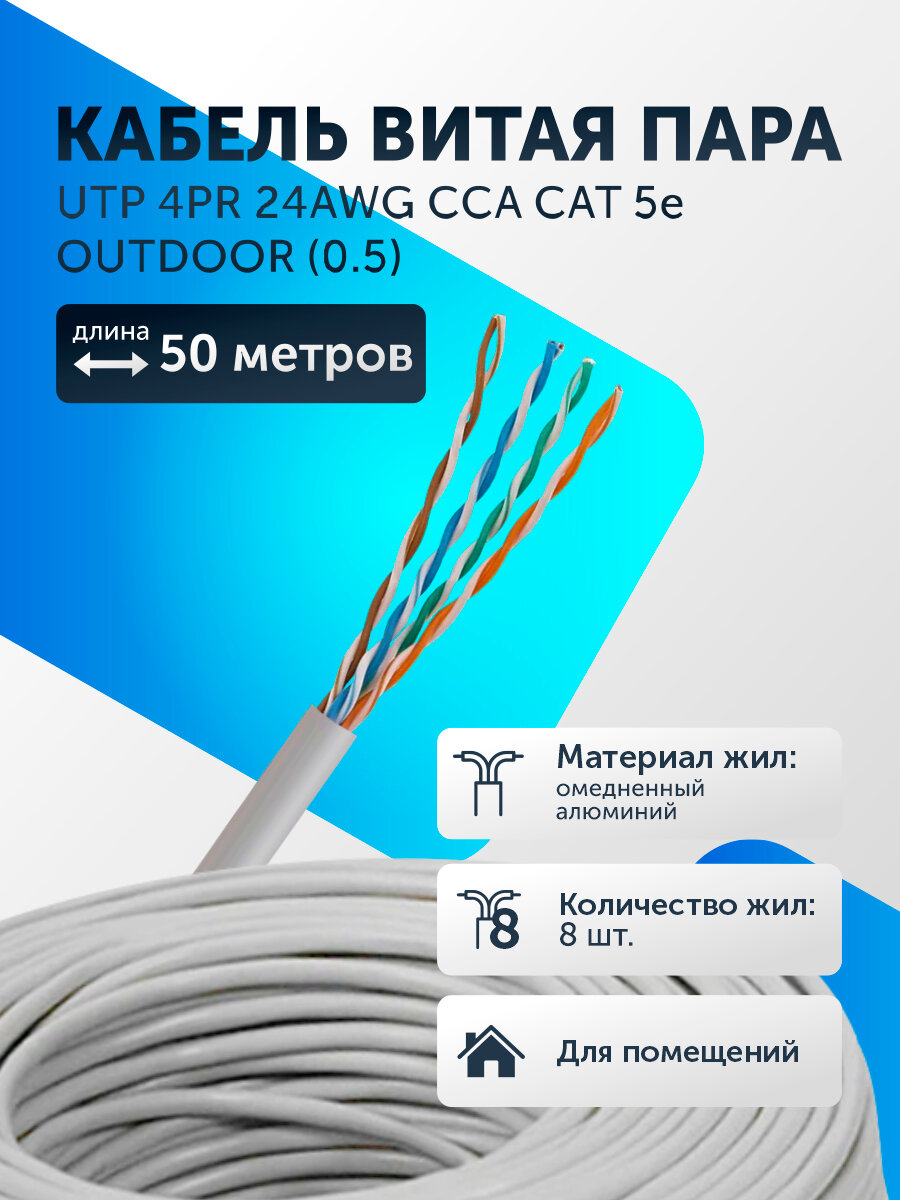 Витая пара кабель внутренний U/UTP 4 пары 8 жил 24 AWG PE ССА CAT 5e (0.5) UTP интернет кабель сетевой 50 метров