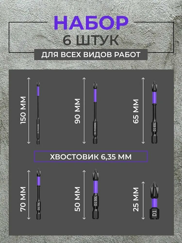 Изображение Биты магнитные, Усиленные для шуруповерта, отвертки и дрели, Торсионные, ударные, Набор из 6 шт.