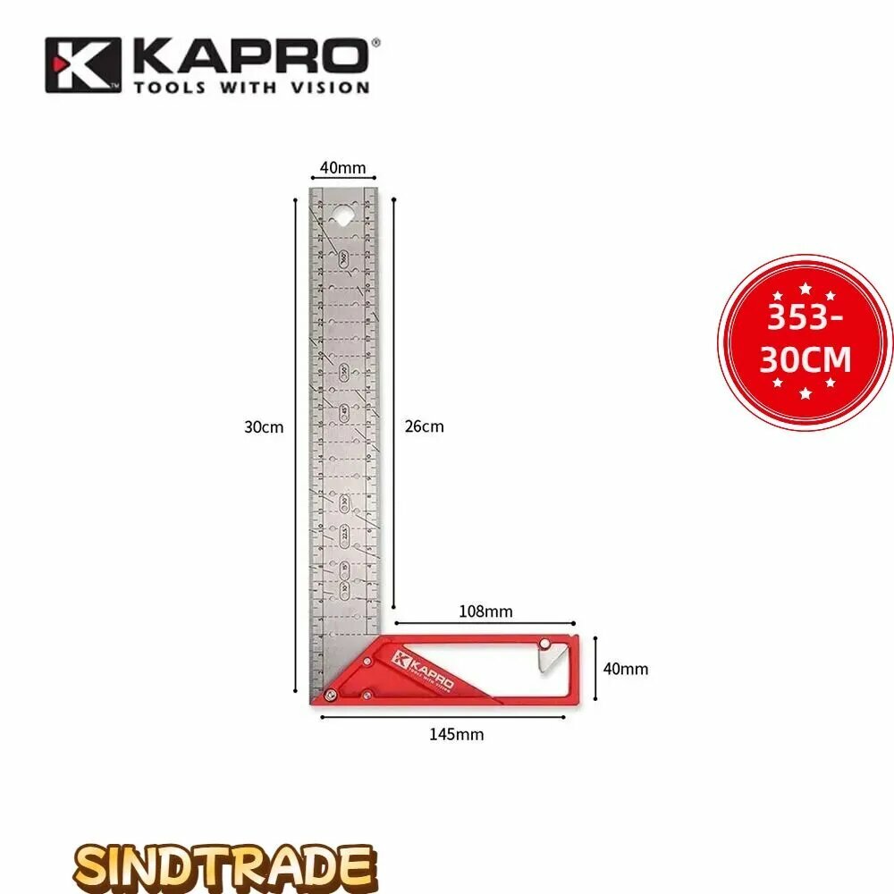Линейка-угольник Kapro 353 нержавеющая сталь разметка 90°/45° алюминиевая ручка выбор размеров (25/30/40 см)
