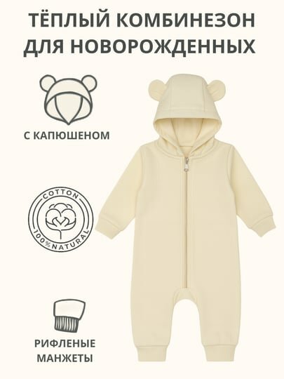 Комбинезон  Теплый комбинезон, открытая стопа, размер 3 мес, бежевый — фото 1