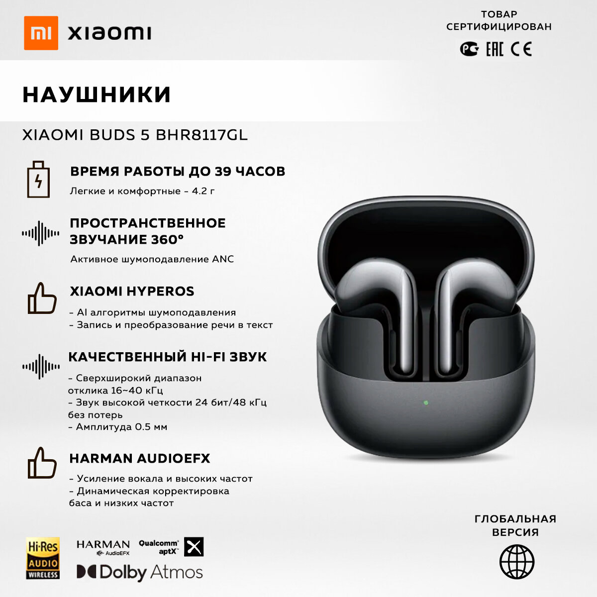 Беспроводные наушники Xiaomi Buds 5 Graphite Black, M2341E1 (BHR8118GL)