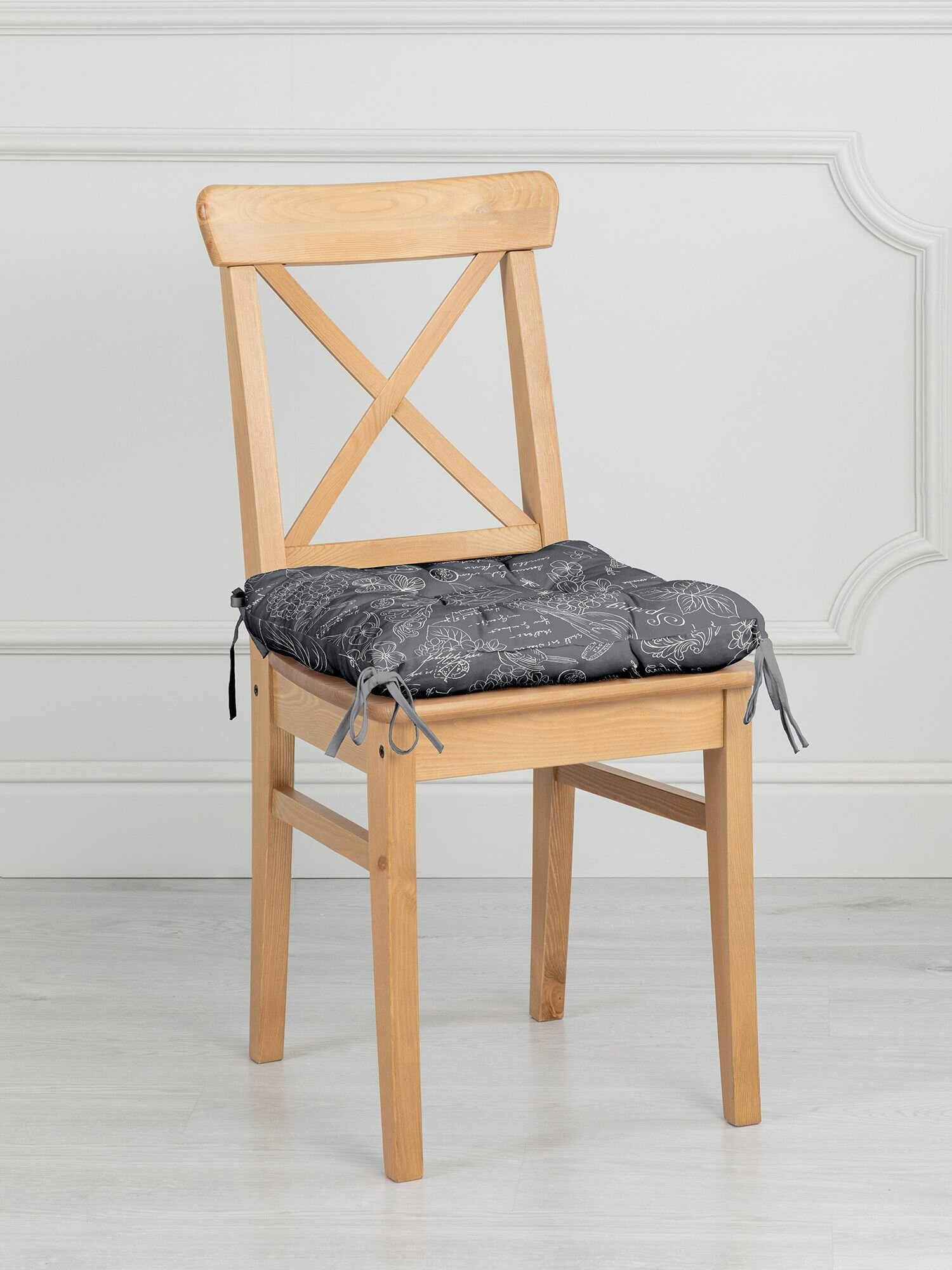 Подушка на стул с завязками квадратная (2шт.) 40х40 "Mia Cara" рис 30284-11 Жозефина графит — фото 1