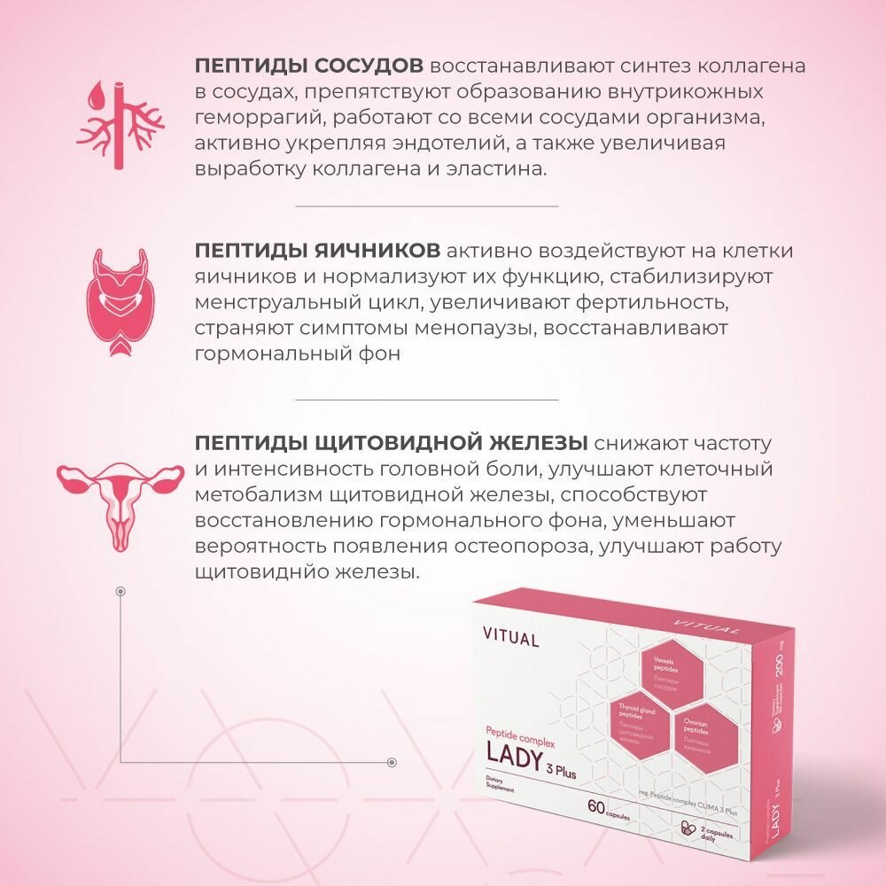 Изображение Леди 3 Плюс (Lady 3 Plus Vitual) 60 капсул, натуральные пептиды Хавинсона ( яичники, щитовидная железа, сосуды ) витамины для женщин, комплекс витаминов (Комплекс пептидов Клима 3 Плюс) Витуаль