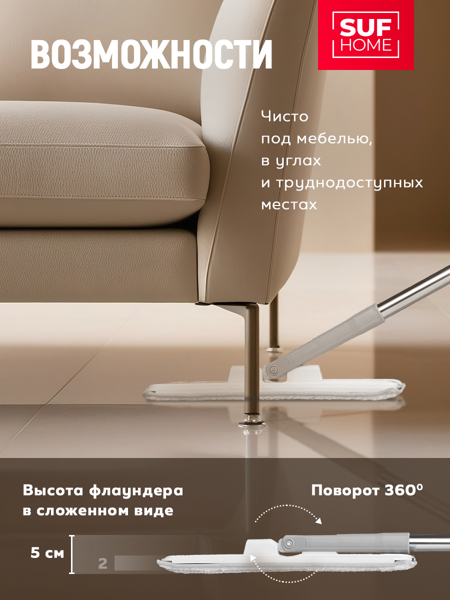 Швабра с отжимом и ведром Suf Home белая 8 литров с 2 насадками, умная швабра — фото 1
