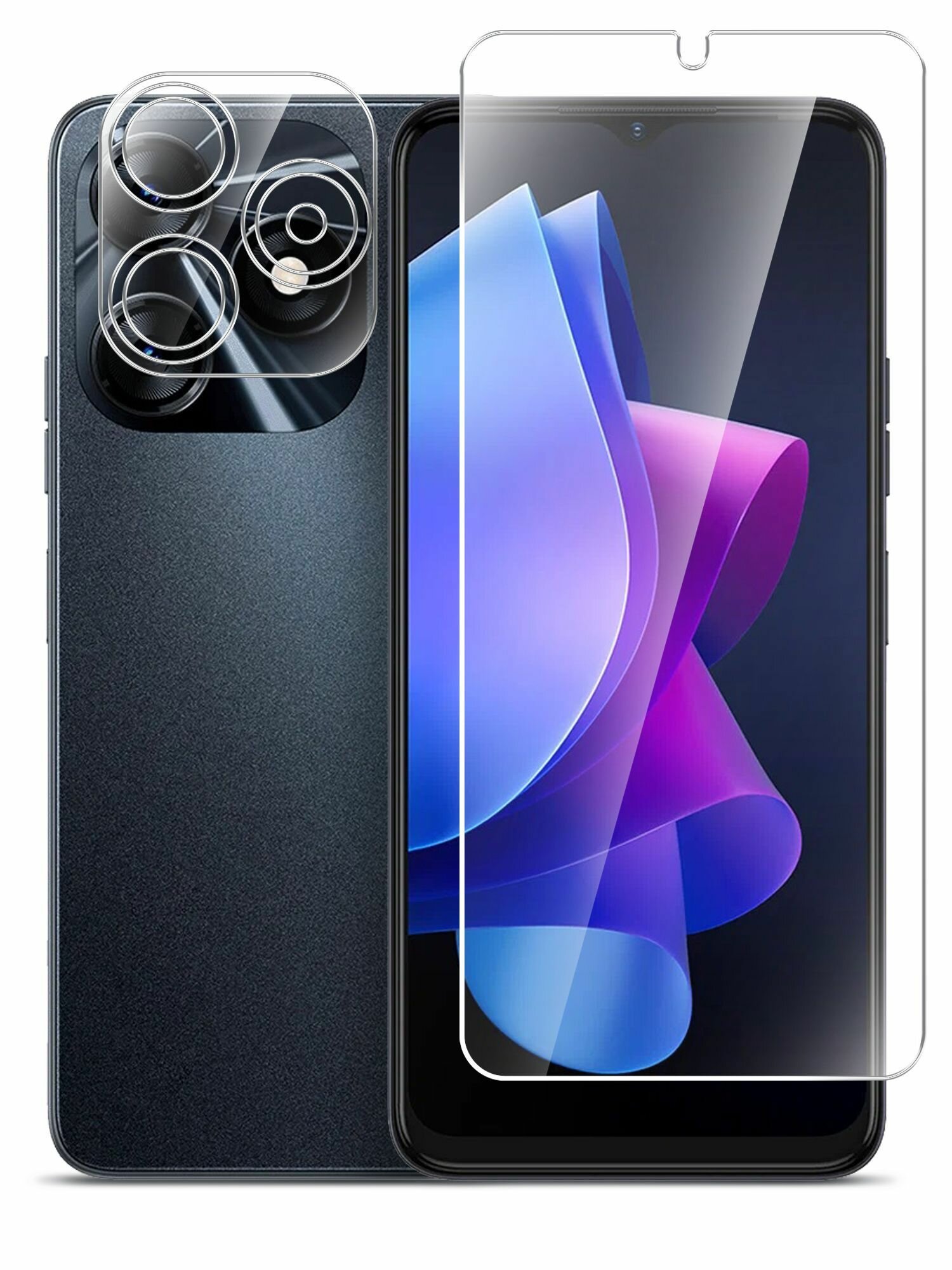 Защитное стекло для Tecno Spark 10 (Техно Спарк 10) на Экран и Камеру, (гибридное: пленка+стекловолокно), прозрачное силиконовая клеевая основа тонкое Hybrid Glass, Miuko — фото 1