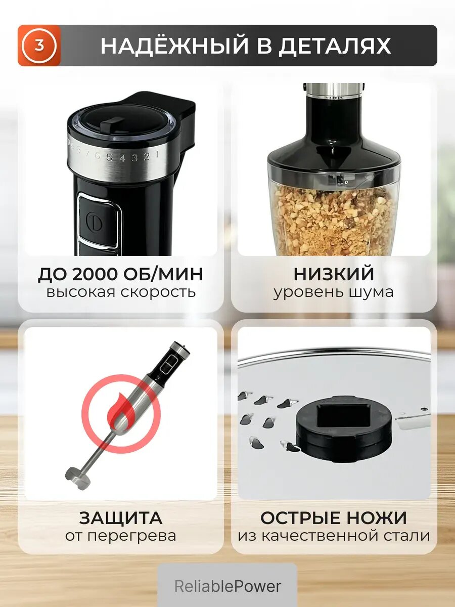 Кухонные Комбайны Xiaomi Блендер, погружной, 9 в 1, с измельчителем, плавная регулировка, черный, серый