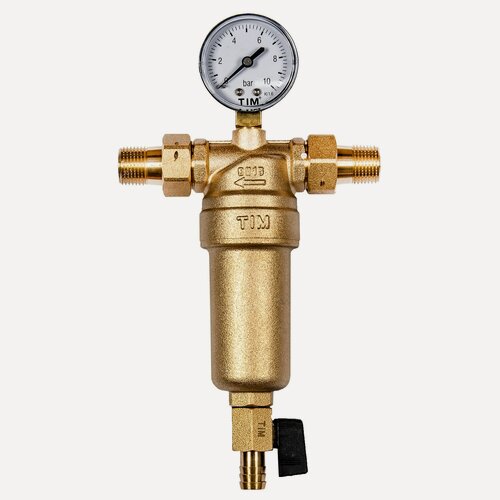Изображение товара Фильтр промывной 1/2" с манометром, американками и дренажем, колба латунь, TIM, JH-1001