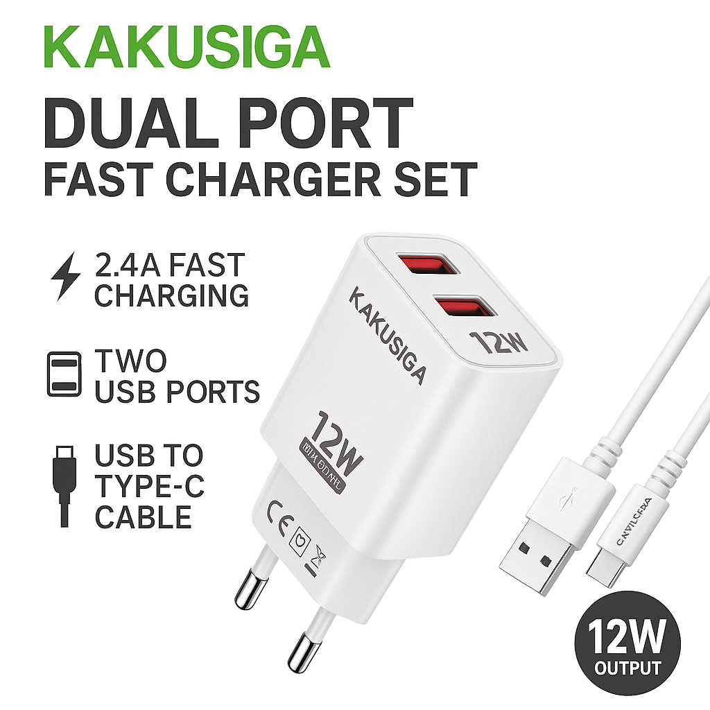 Комплект быстрого зарядного устройства KAKUSIGA 2.4A с двумя портами (белый) Type-C, white