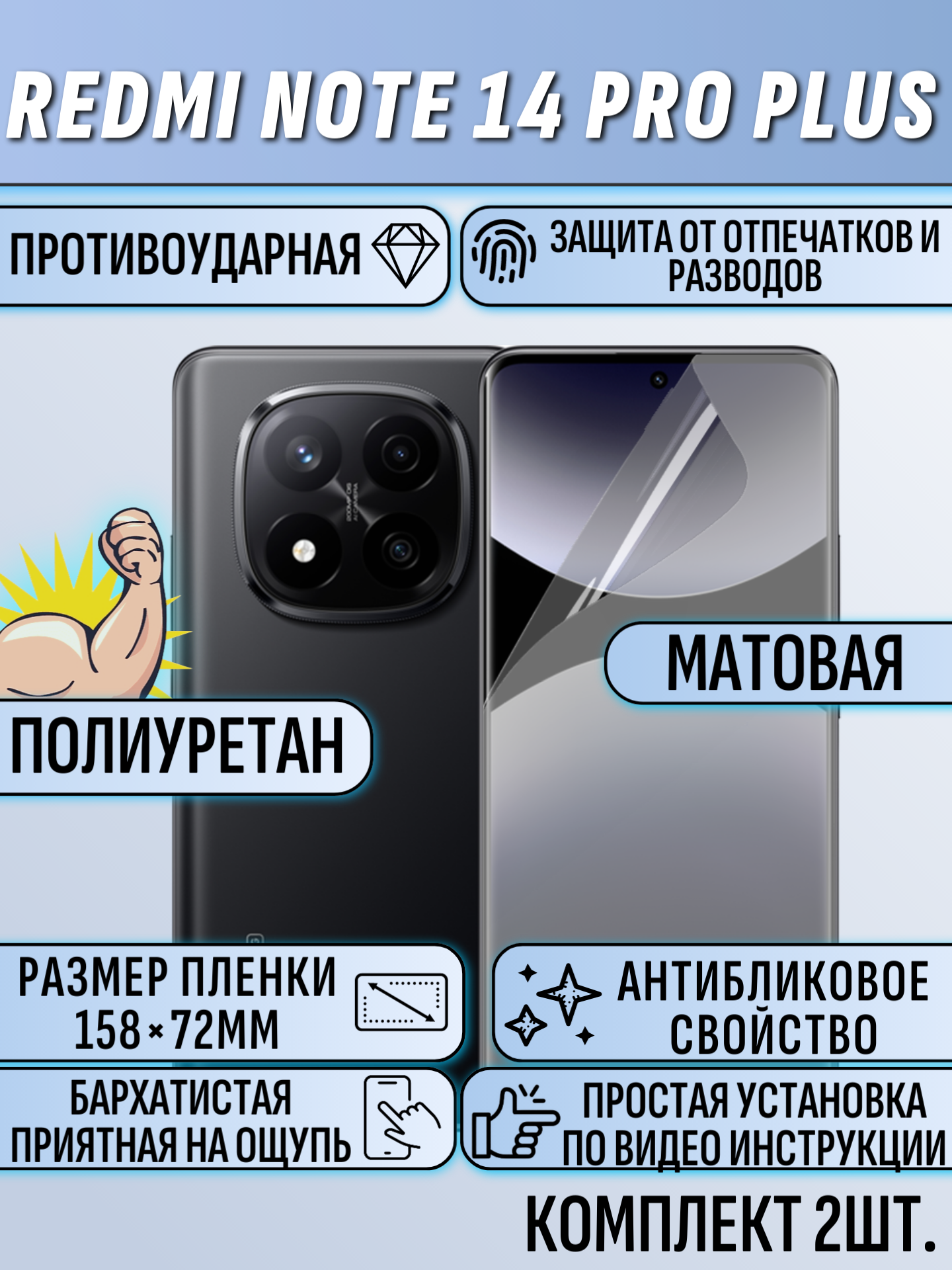 Гидрогелевая пленка для Redmi Note 14 Pro Plus матовая 2 шт.