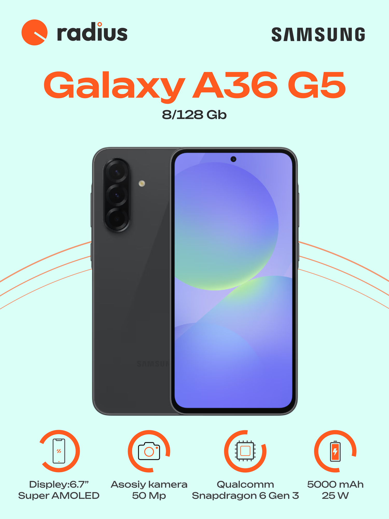 Смартфон Samsung Galaxy A36 8/128GB 5G Black (Черный) Android 15