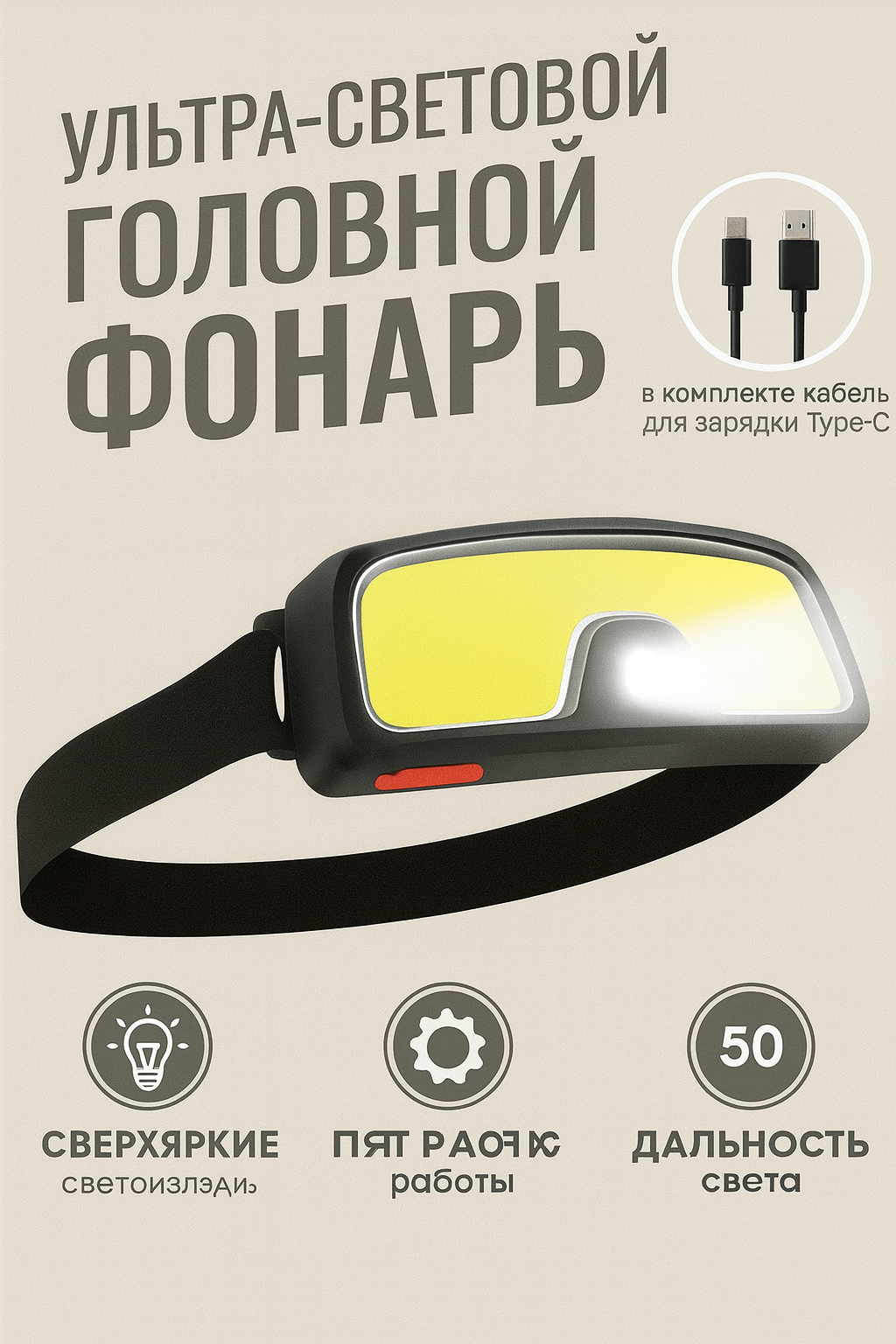Налобный фонарь светодиодный с влагозащитой Аккумуляторный для рыбалки охоты с зарядкой от USB