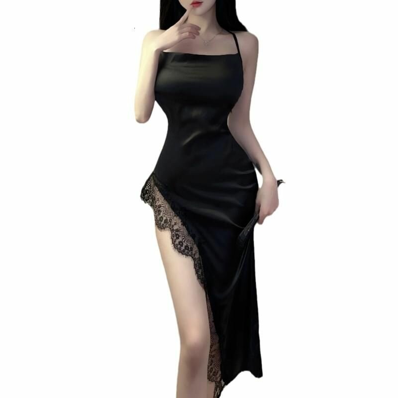 Сексуальное ночное платье для женщин с высоким поясом, кружевом и разрезом, Черный - Один размер