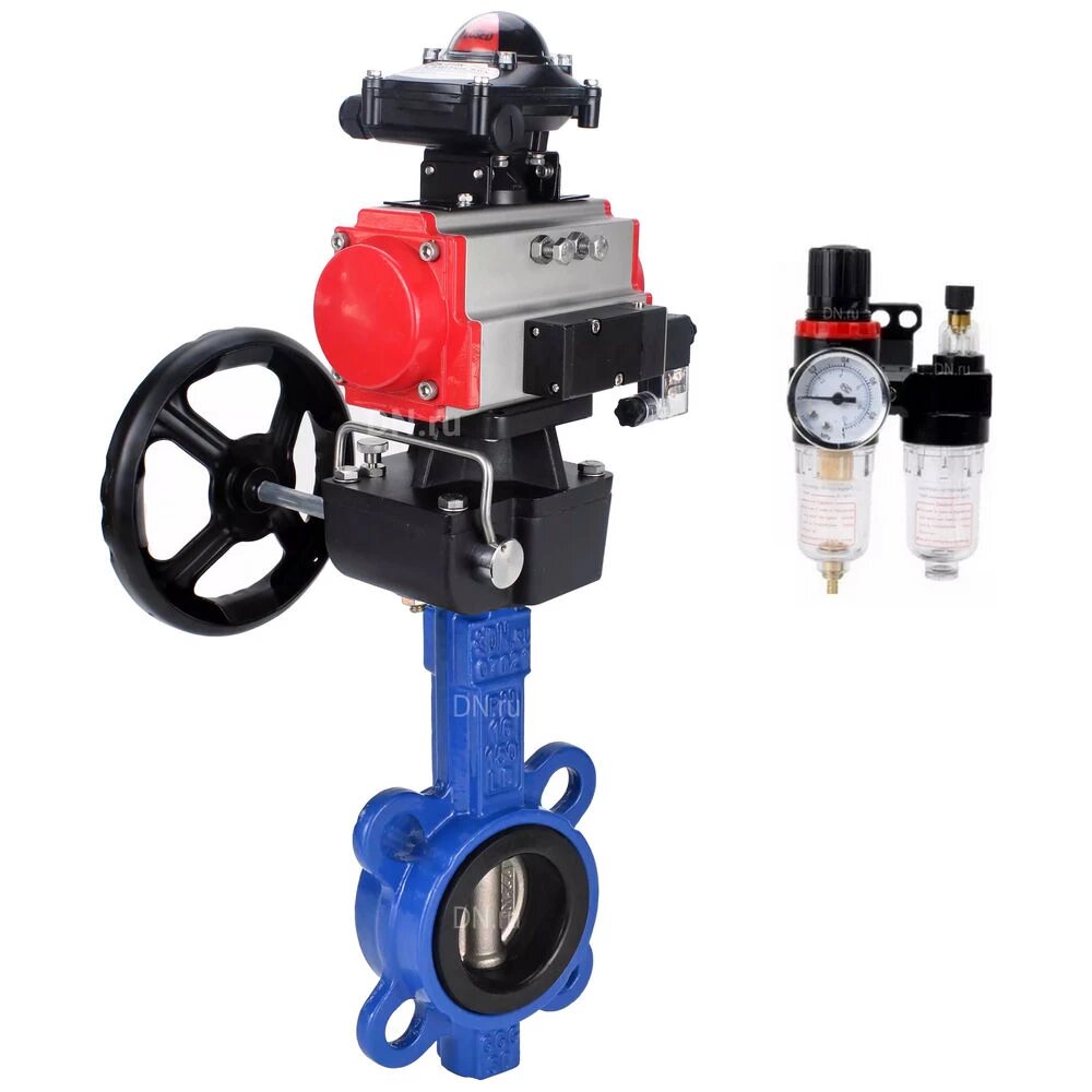 Затвор дисковый поворотный DN.ru GGG50-316-NBR Ду125 Ру16, межфланцевый, корпус - чугун GGG50, уплотнение NBR, с пневмоприводом DA-105, с пневмораспределителем PND1-S2EM-52-2-T10-220VAC, БКВ LSB-210-02NM12-220/24, ручным дублером HDM-3, БПВ APU1-10-40-V08