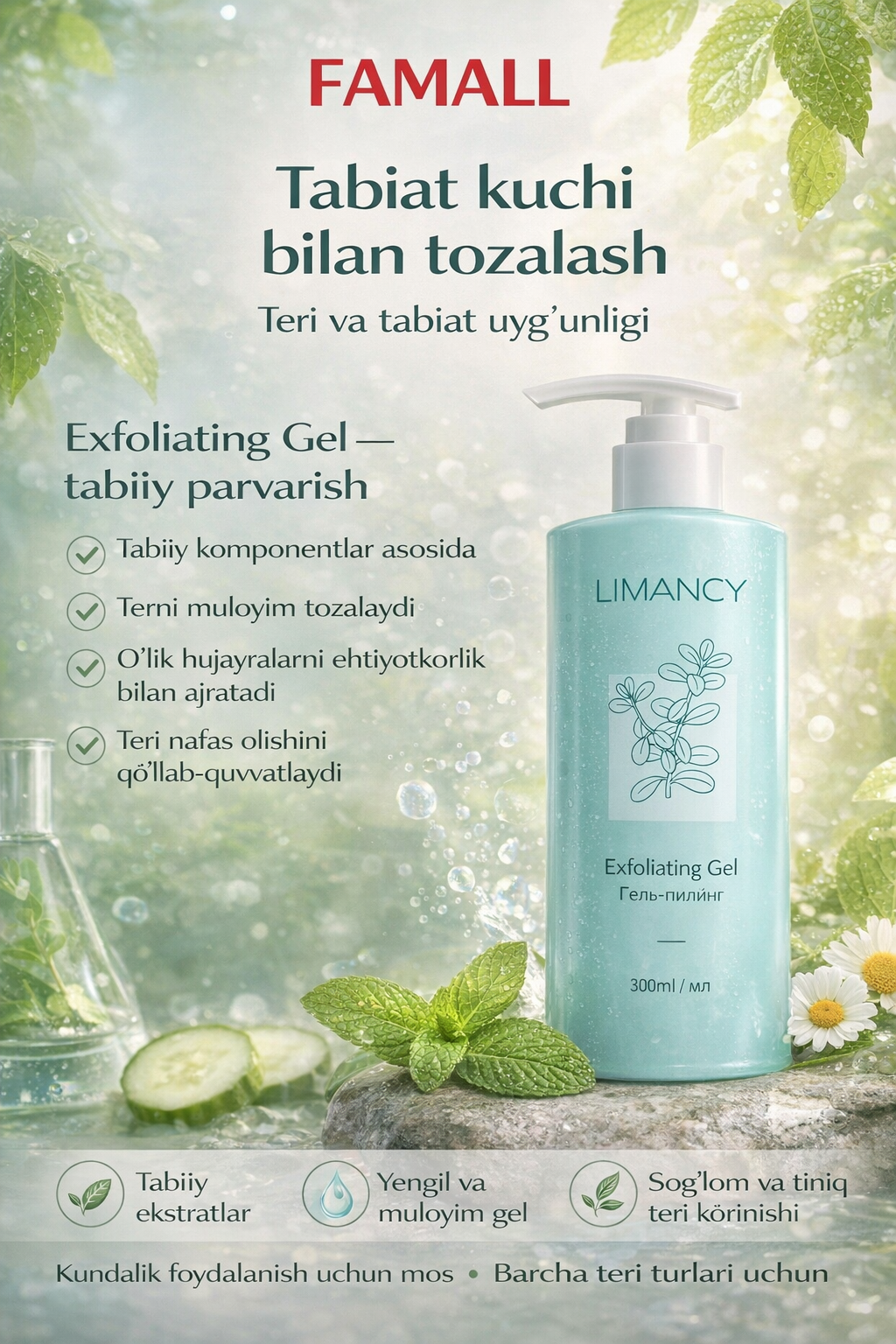 Очищающий гель Savdo belgisi LIMANCY, для кожи, тела, органический состав, 300мл