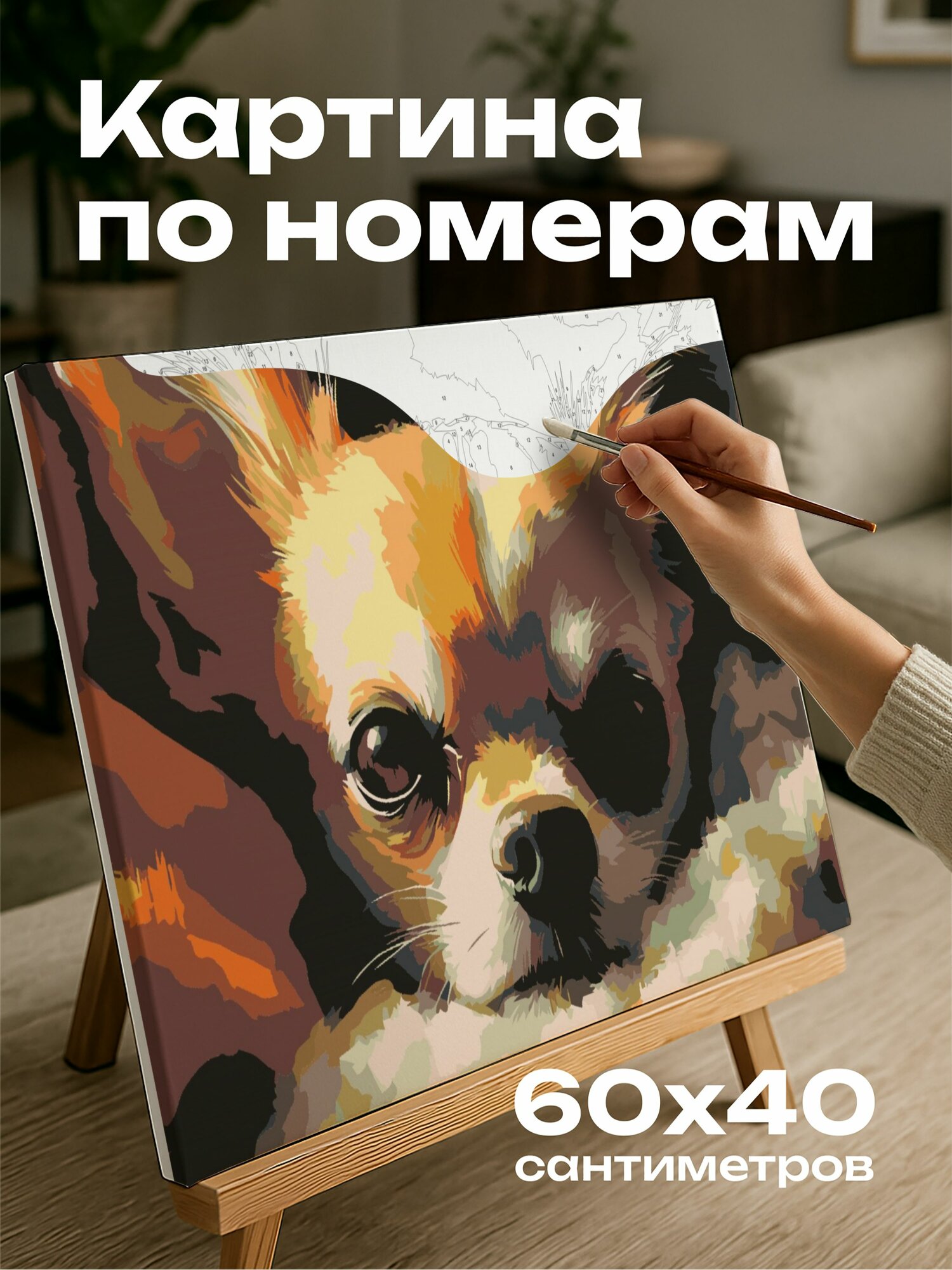 Картина по номерам 60x40 см, цифровая картина, чихуахуа, глаза, солнце, уголок, подушки, одеяла, тепло, уют