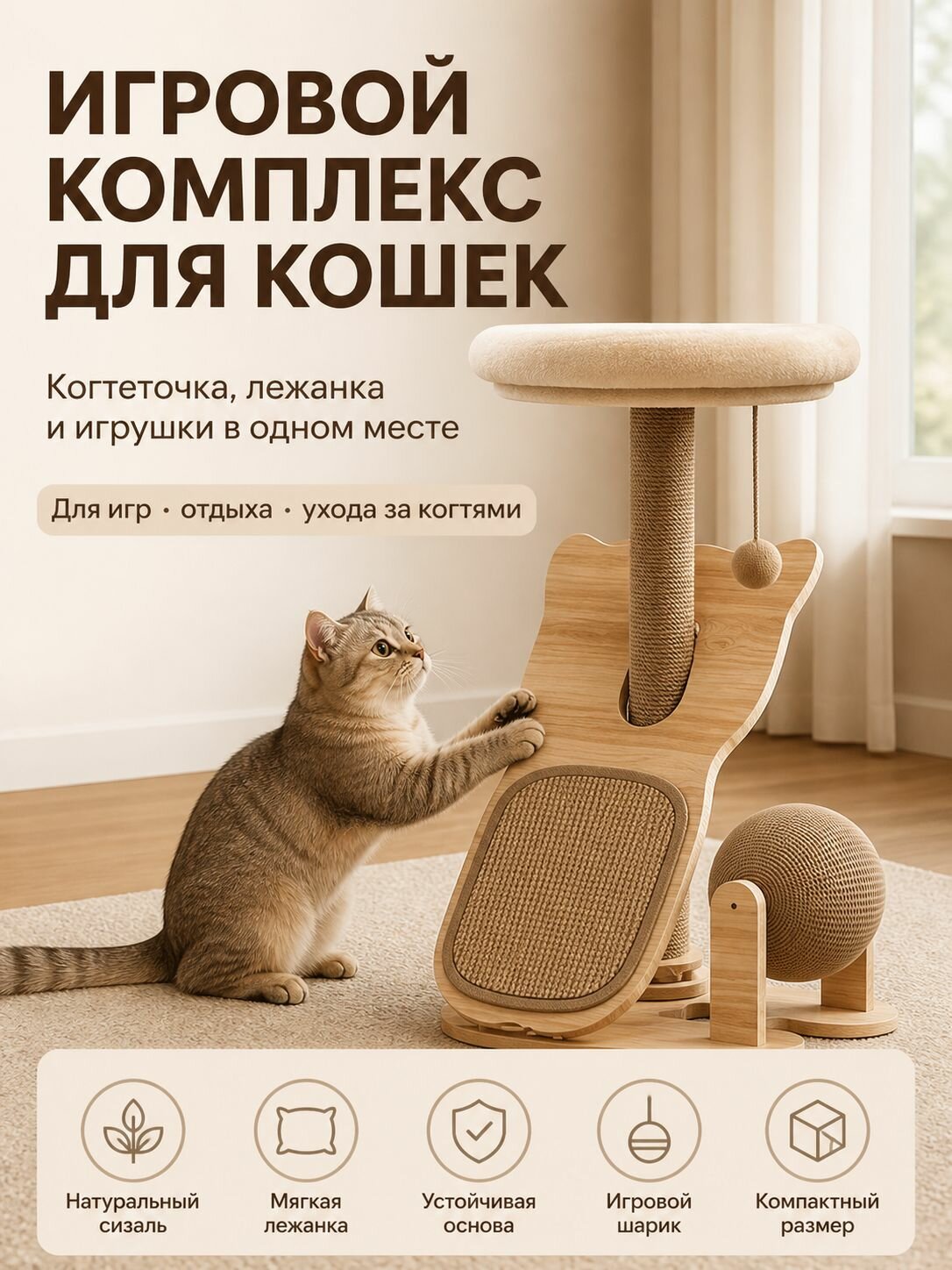Когтеточка-домик для кошек с лежанкой, игровой комплекс из дерева и сизаля, столбик, шарик и коврик когтей, 75 45 см