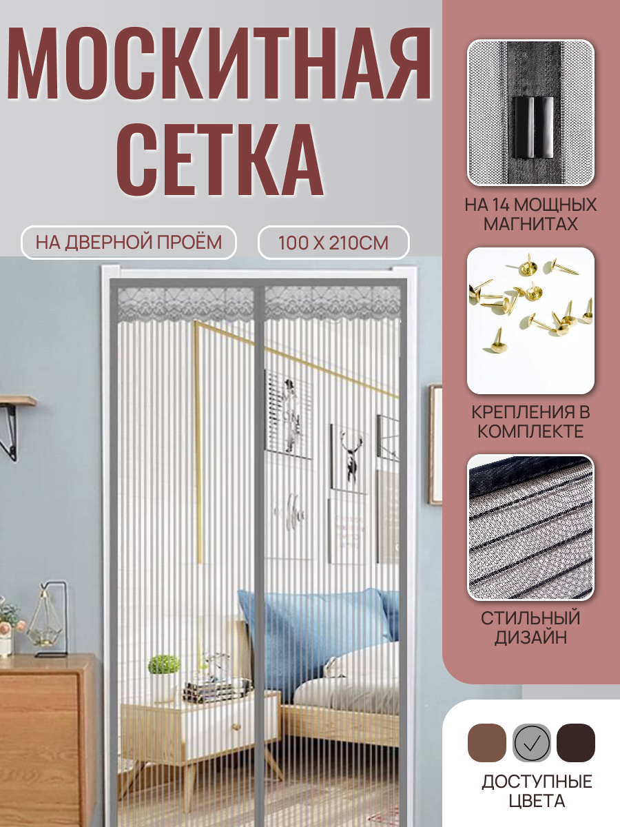 Антимоскитная сетка на дверь, москитная сетка 100*210 см, цвет серый — фото 1