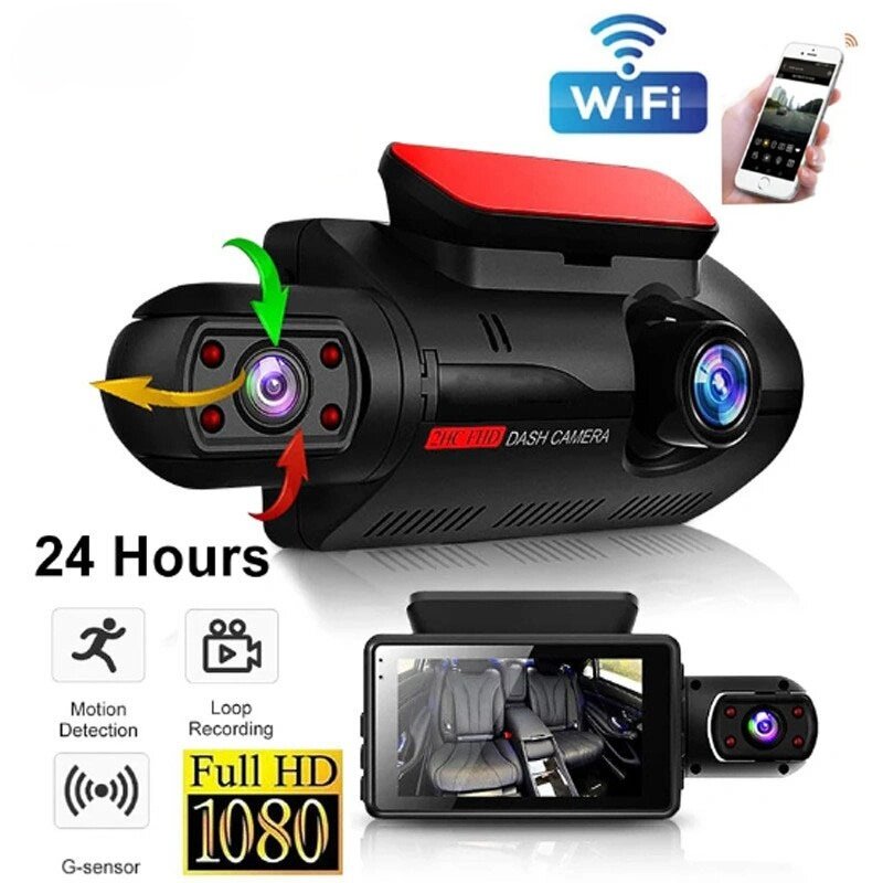 Видеорегистратор для автомобиля с двумя камерами WiFi Full HD 1080P циклическая запись G-сенсор 32ГБ