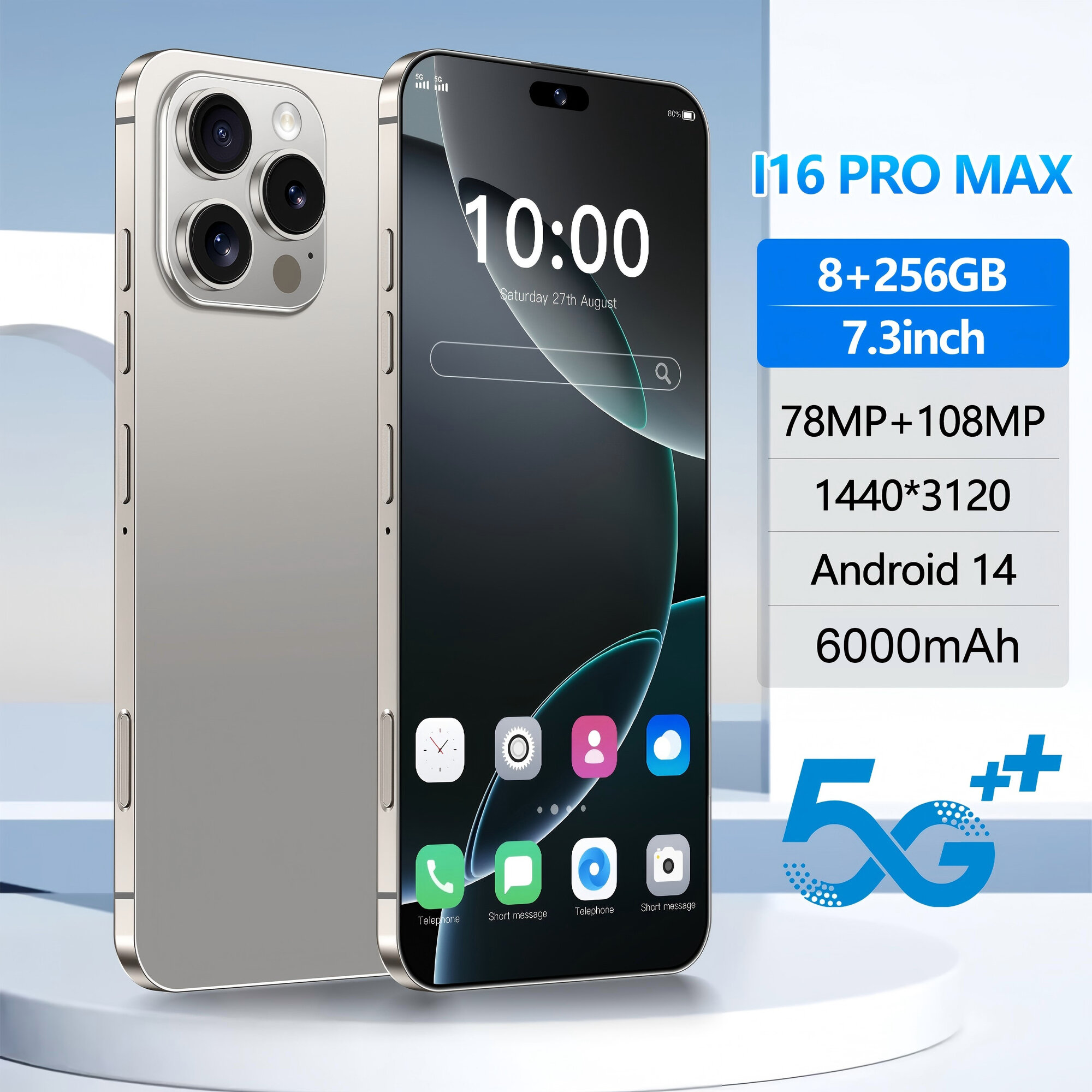 Смартфоны IP 16 Pro Max 8/256GB серый,7.3дюйма,6000mAh, Android 14