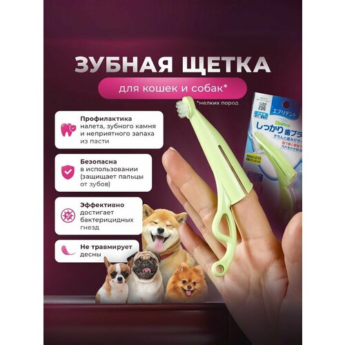 Зубная щетка для собак мелких пород анатомическая Japan Premium Pet с ручкой для снятия налета, цвет зеленый.