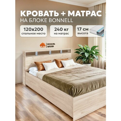 Кровать двуспальная 120х200 с Саломея с ортопедическим матрасом на зависимых пружинах, дуб сонома