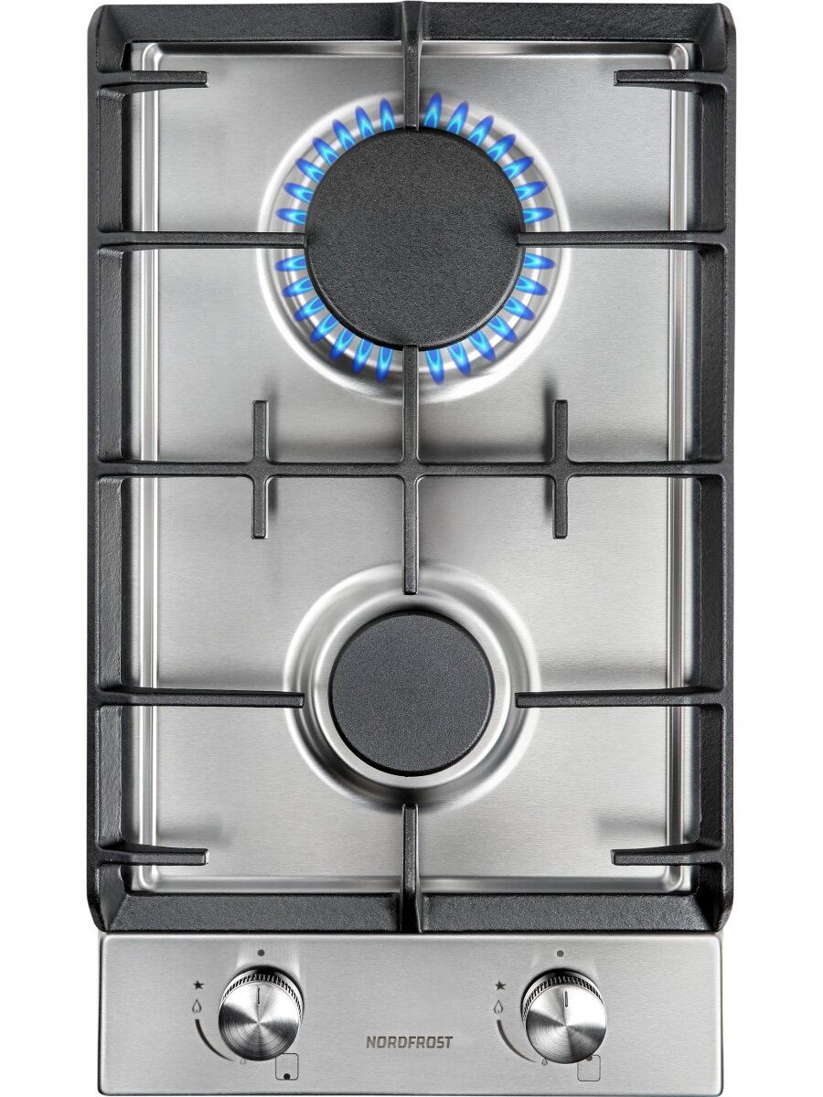 Газовая варочная поверхность NORDFROST HS 3022 X, электророзжиг, 2 конфорки, чугунные решетки, нержавеющая сталь