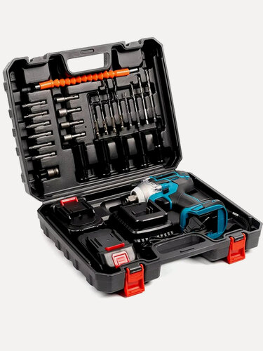 Изображение товара Гайковерт, гайковерт аккумуляторный, бесщеточный гайковерт, 2 аккумулятора, сверла, головки, биты, набор 30 предметов, синий