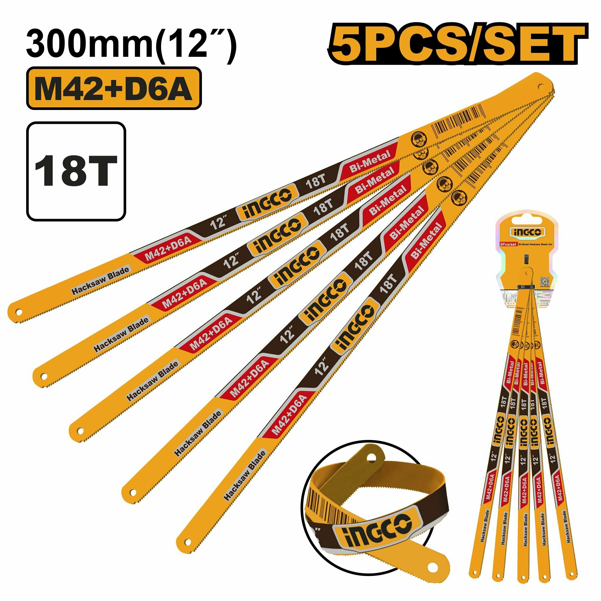 Полотно ножовочное по металлу Bi-Metall (5 шт; 300 мм; 18Т) INGCO HSBKT12185