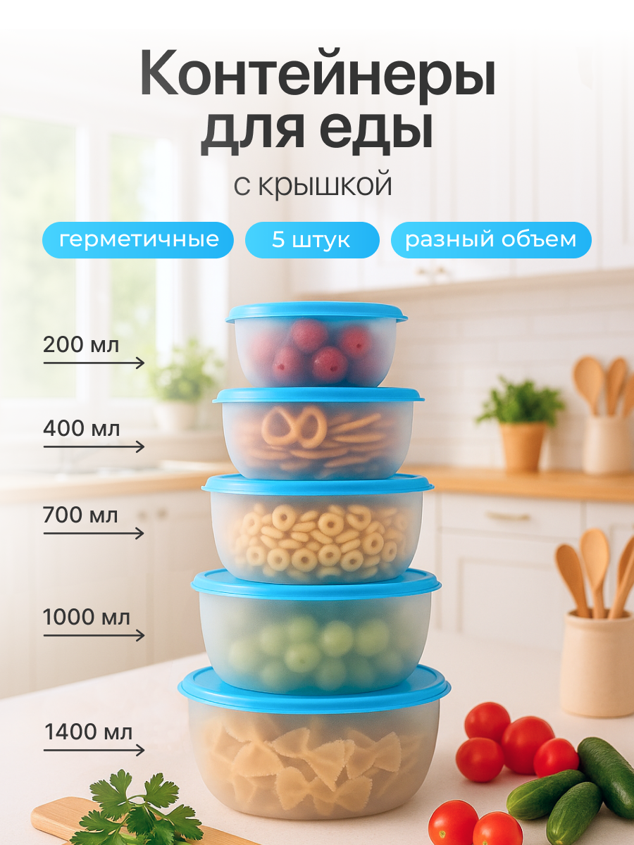 Контейнер для еды Редда, набор контейнеров с крышками, герметичный, ланч-бокс, голубой, 5 штук