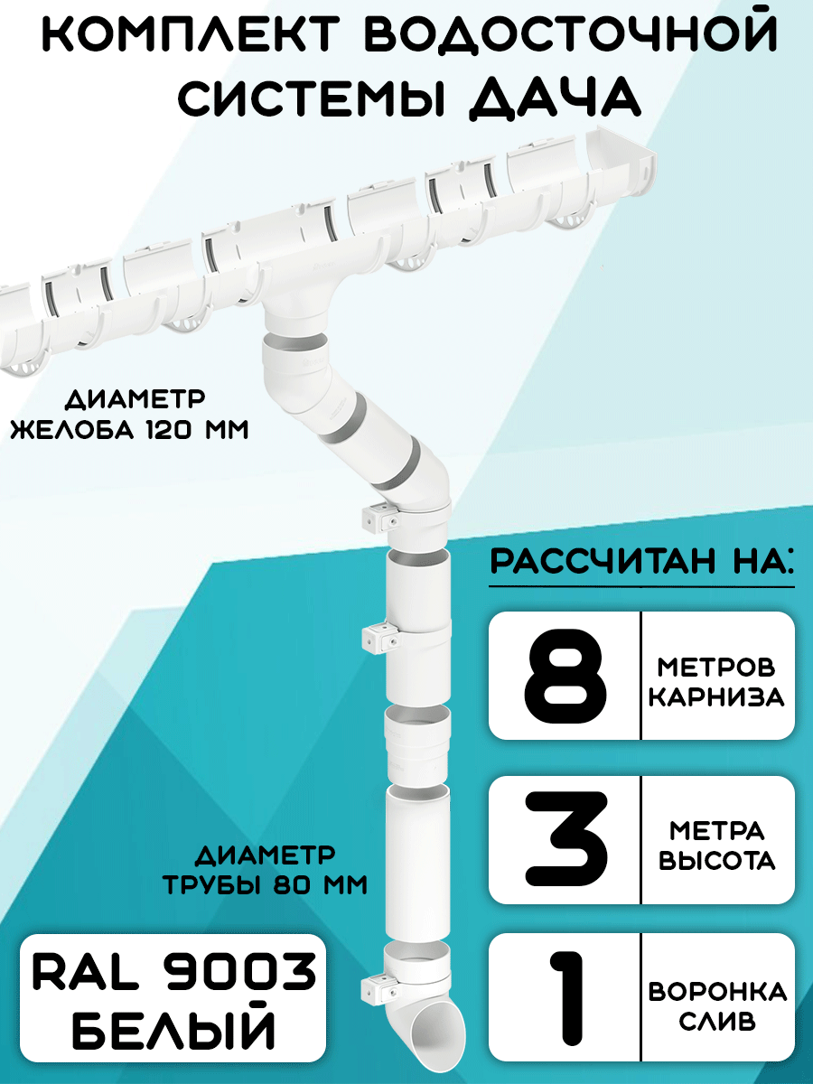 Комплект водосточной системы Дача 8 метров (120мм/80мм) водосток для крыши белый (RAL 9003)