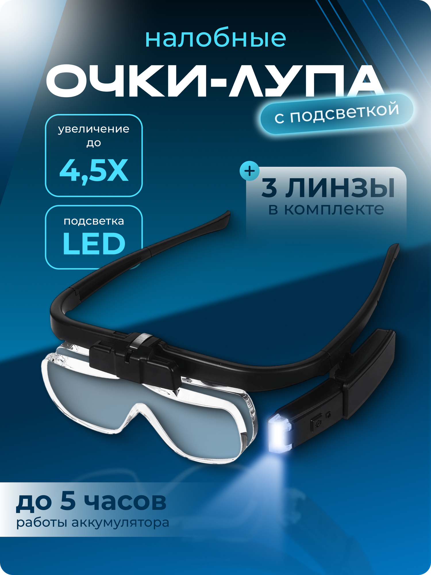 Увеличительные очки лупа с LED подсветкой и сменными линзами