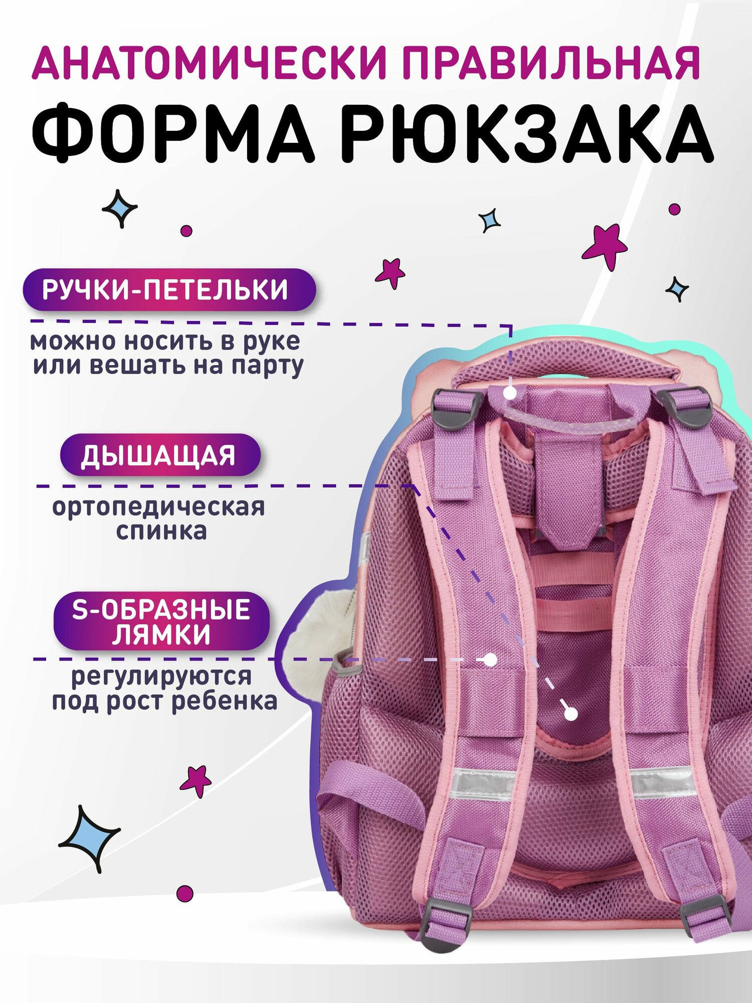 Ранец школьный Комус Класс Kitty, ортопедический, 2 отделения, 4 кармана — фото 1