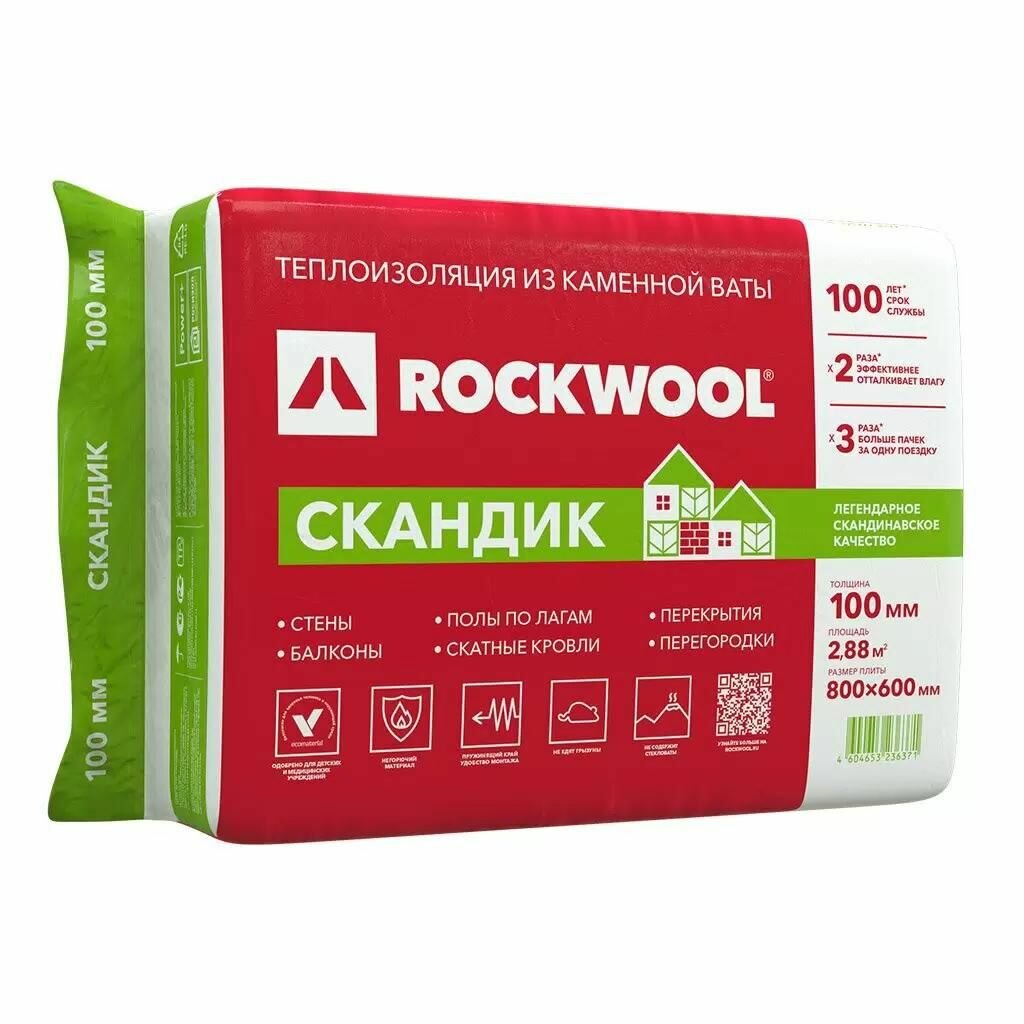 Утеплитель Rockwool Лайт баттс Скандик, 6 штук, 80х60х10 см, 2,88, плита